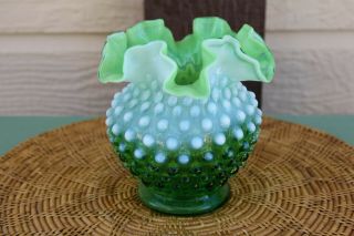 Vintage FENTON GLASS Ruffled Hobnail Opalescent Green & White Vase 4.  50 
