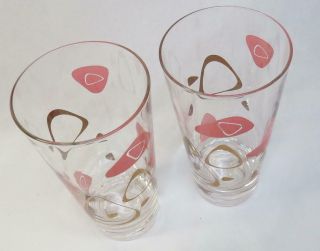 2 Vintage Mcm Federal Glass Pink & Gold Atomic Amoeba Boomerang Glasses Tumblers