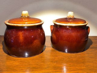 2 Vintage Hull Oven Proof Usa Brown Drip Bowls With Lid Sugar And Condiment