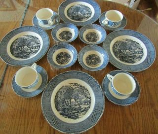 Vintage Currier And Ives Royal China Set Of 4 Dinner Service Plates Cups Bowls