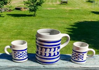 Williamsburg Pottery Salt Glaze Coffee Mugs / Tankard Cobalt Blue Gray Oak Leaf
