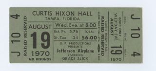 Jefferson Airplane Ticket W/ Grace Slick 1970 Aug 19 Tampa Fl