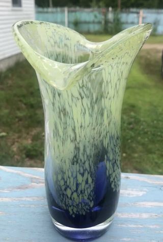 Vintage Yellow/blue Italian Murano Art Glass Vase 8”