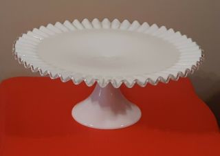 Vintage Fenton Silver Crest Crimped Pedestal White Milk Glass Cake Plate 13 " Euc