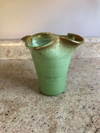 Vintage Royal Crown North Carolina Art Pottery Matte Green Ruffled Rim Vase
