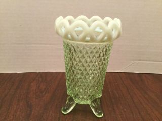 Vintage Light Green Glass Vase Footed Diamond Pattern Opalescent Laced Rim 5” H