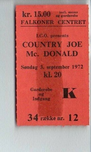 2x Country Joe Mcdonald 1971,  1972 Rare Concert Ticket Stubs (denmark)