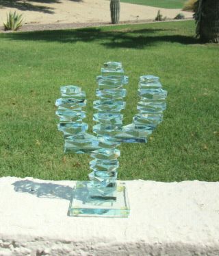 Vtg 1950s Mid Century Modern Cut Stacked Green Glass Saguaro Cactus 5 1/4 " Tall