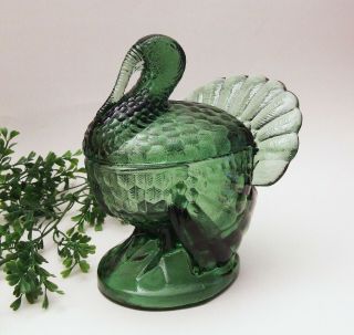 Vintage L.  E.  Smith Hunter Green Glass Covered Turkey Candy Dish 7 1/2 " High