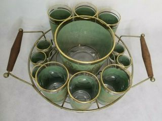 Vintage Midcentury Green & Gold Harp High & Low Ball Glasses Ice Bucket W/ Caddy