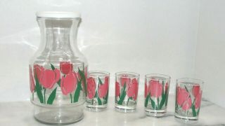 Vintage Set Anchor Hocking Pink Tulip Juice Carafe &4 Drinking Glasses