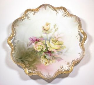 Antique Rs Prussia Handled Cake Plate W/ Yellow & Pink Roses,  Gold Edge Scallop