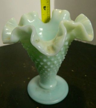 Vintage Fenton Green Hobnail Ruffled Edge Glass Trumpet Vase Cond