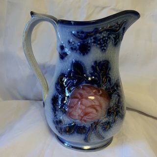 Antique ? Flow Blue Pitcher,  Red Flower & Gold Lines Marked 156.  8” T 7” W