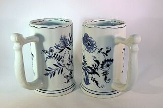 Blue Danube Blue Onion Set Of 2 Rare 5 3/4 " Tall Beer Steins.  Perfect,  Japan