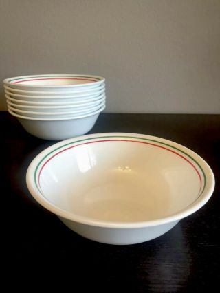 Corelle Winter Holly Soup Cereal Bowls 6 1/4 " Green & Red Bands (set Of 8)