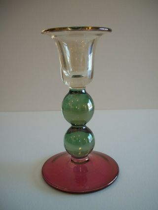 Krosno Poland Hand Blown Art Glass Candle Holder Pink Green Light Gold 6.  25 "