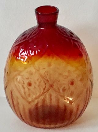 Vintage Signed Mma Hand Blown Mold Art Glass Amberina Vase Bottle Daisy &diamond
