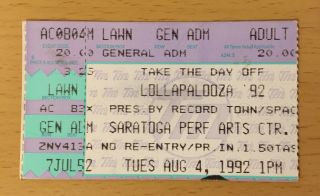 1992 Pearl Jam Soundgarden Stp Lollapalooza Saratoga N.  Y.  Concert Ticket Stub
