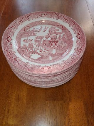Set Of 12 Churchill Willow Rosa Pink Red 10 " Dinner Plates - Made In England