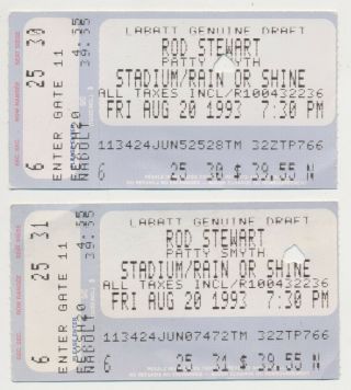 Rod Stewart & Patty Smyth Concert - Skydome Ticket Stubs (2) - Aug 20 - 1993 - Canada