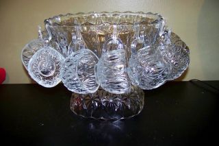 Vintage Squared Glass Punch Bowl W/ Base Stand And 11 Cups