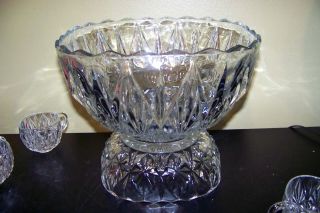 VINTAGE SQUARED GLASS PUNCH BOWL w/ BASE STAND and 11 CUPS 2