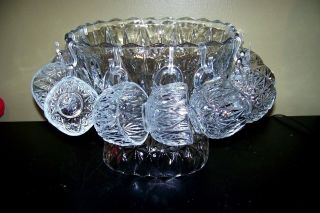 VINTAGE SQUARED GLASS PUNCH BOWL w/ BASE STAND and 11 CUPS 3