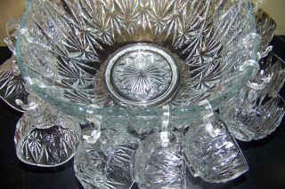 VINTAGE SQUARED GLASS PUNCH BOWL w/ BASE STAND and 11 CUPS 5