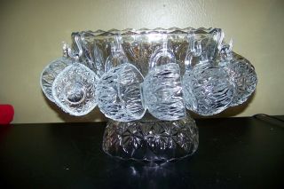 VINTAGE SQUARED GLASS PUNCH BOWL w/ BASE STAND and 11 CUPS 6