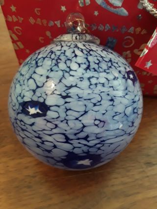 Round Hand Blown Glass Heavy Christmas Ornament Blue & White
