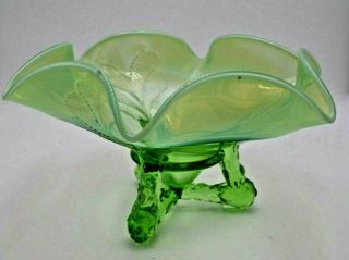 Vintage Northwood? Green Opalescent Footed Bowl Leaf And Bead Pattern 41/2 " X8 "