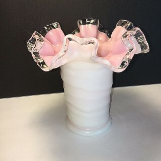 Vintage Fenton Pink Milk Glass Vase With Clear Ruffled Top