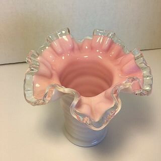 Vintage Fenton Pink Milk Glass Vase With Clear Ruffled Top 2
