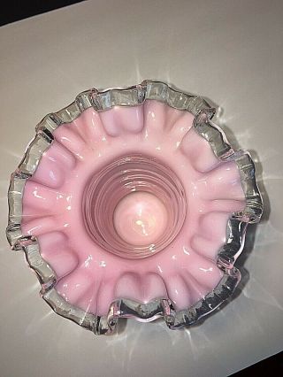 Vintage Fenton Pink Milk Glass Vase With Clear Ruffled Top 3