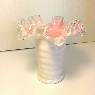Vintage Fenton Pink Milk Glass Vase With Clear Ruffled Top 4