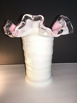 Vintage Fenton Pink Milk Glass Vase With Clear Ruffled Top 6