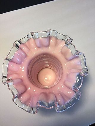Vintage Fenton Pink Milk Glass Vase With Clear Ruffled Top 7