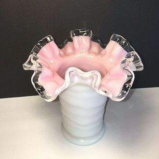 Vintage Fenton Pink Milk Glass Vase With Clear Ruffled Top 8