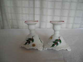 Vintage Westmoreland Milk Glass Hand Painted Holly Berry Christmas Candlestick,