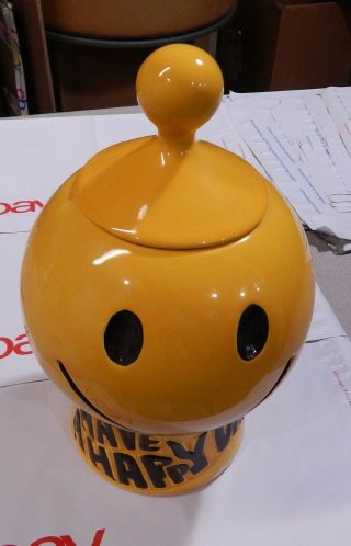 Vintage Mccoy Pottery Have A Happy Day Yellow Smiley Face Cookie Jar 235 Usa