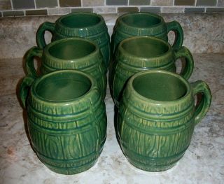 Set Of 6 Green Nelson Mccoy Pottery Stoneware Barrell Mugs Old Shield Mark 1920s