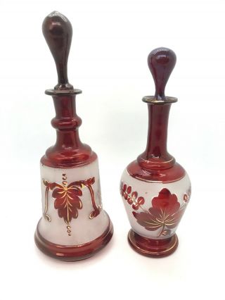 Antique Czech Bohemian Cranberry Gold Blown Art Glass Bottle Decanters Etched