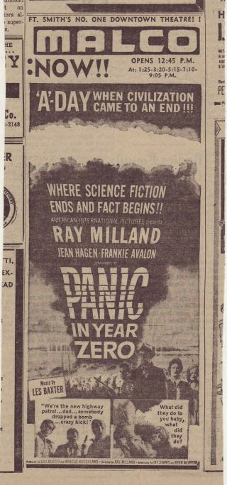 1962 Newspaper Ad For Movie " Panic In Year Zero " - Somebody Dropped A Bomb Crazy