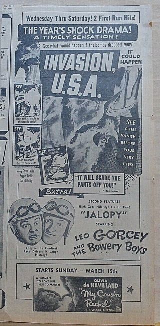 1953 Newspaper Ad For Movie Invasion U.  S.  A.  - What Would Happen If Bombs Dropped