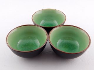 Set Of 3 Rice Bowls Crackle Green Glass Glaze Inside Black Outside Unknown Maker