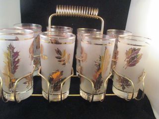 8 Vintage Libbey Frosted Gold Leaf Foliage Mid Century Glasses With Carrier