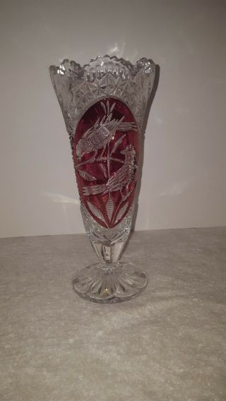 Hofbauer Bleikristall Ruby Red Byrdes Lead Crystal 10 3/8 " Trumpet Vase