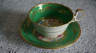 Vintage Aynsley Bone China Green Gold Floral Cup And Saucer Set C887,  England