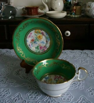 VINTAGE Aynsley Bone China Green Gold Floral Cup And Saucer Set C887,  England 2
